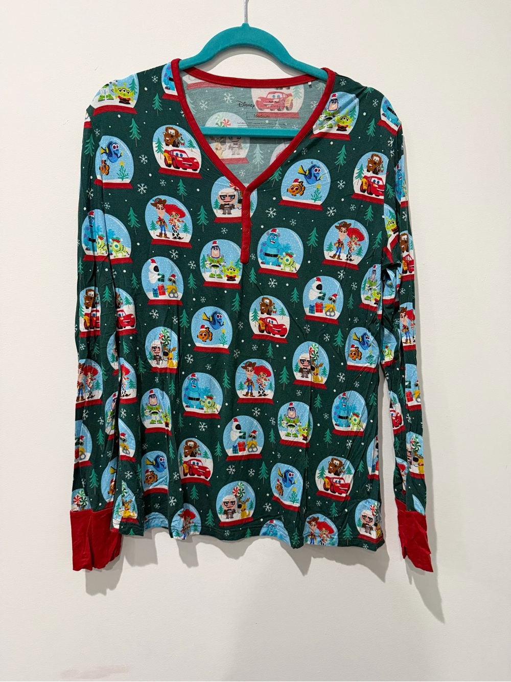 Disney Green Long-Sleeve Holiday Henley with Red Trim